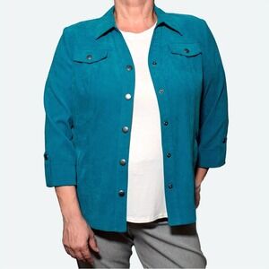 JM Collection Teal‎ Faux Suede Jacket Shirt L 0X Shacket Workwear Rich Girl